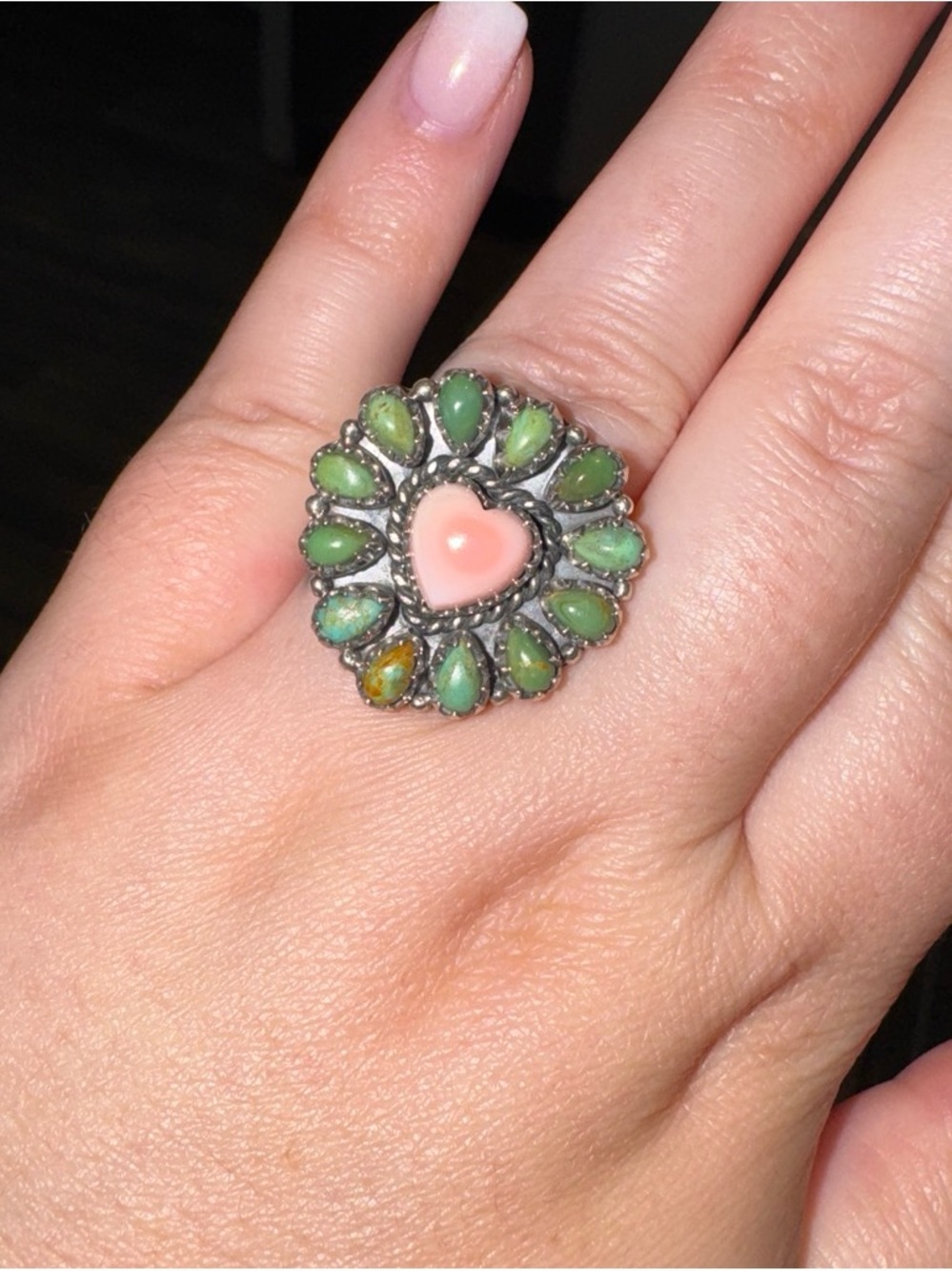 Sonoran Gold Turquoise Heart Cluster Ring with Pink Conch